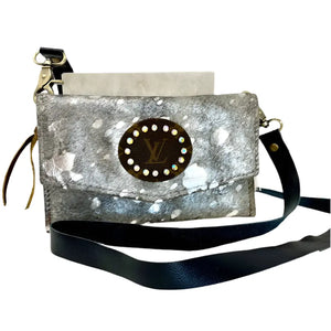 Silver Acid Wash Leather Hide Upcycled Crystal Embellished Genuine LV Patch 'Jordan Crossbody by Keep It Gypsy Keep It Gypsy