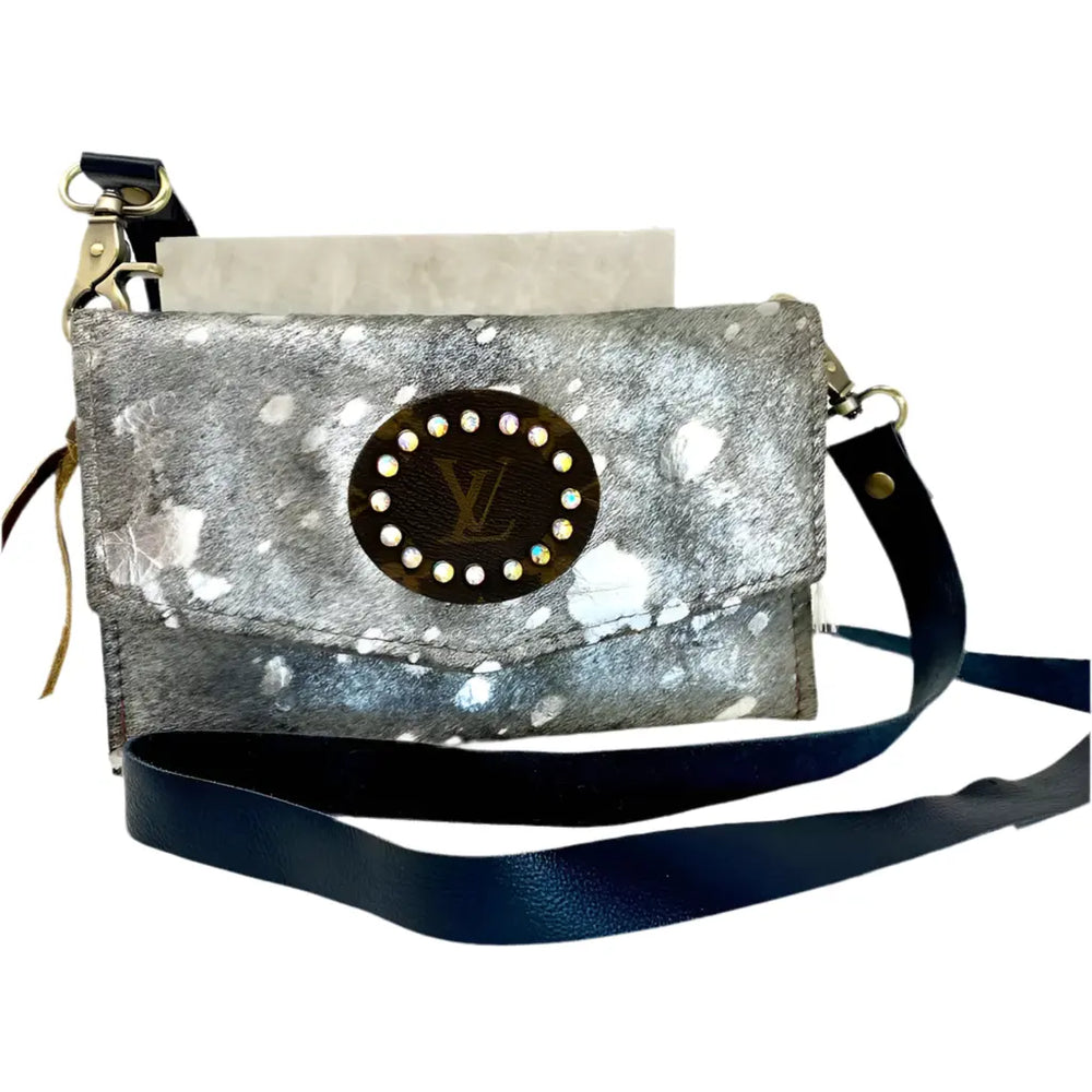 Silver Acid Wash Leather Hide Upcycled Crystal Embellished Genuine LV Patch 'Jordan Crossbody by Keep It Gypsy