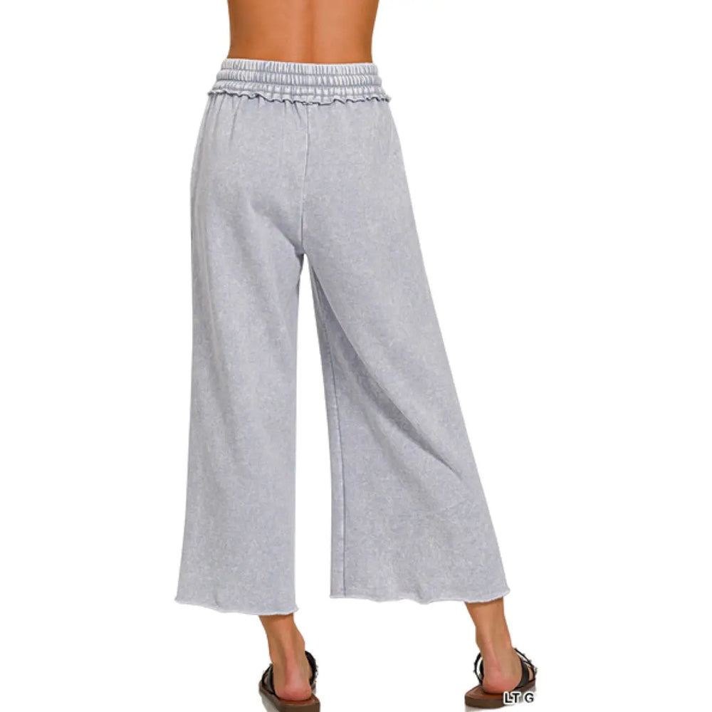 Acid Wash Fleece Wide Leg Palazzo Cropped Sweatpants