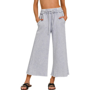 Acid Wash Fleece Wide Leg Palazzo Cropped Sweatpants BbCo.