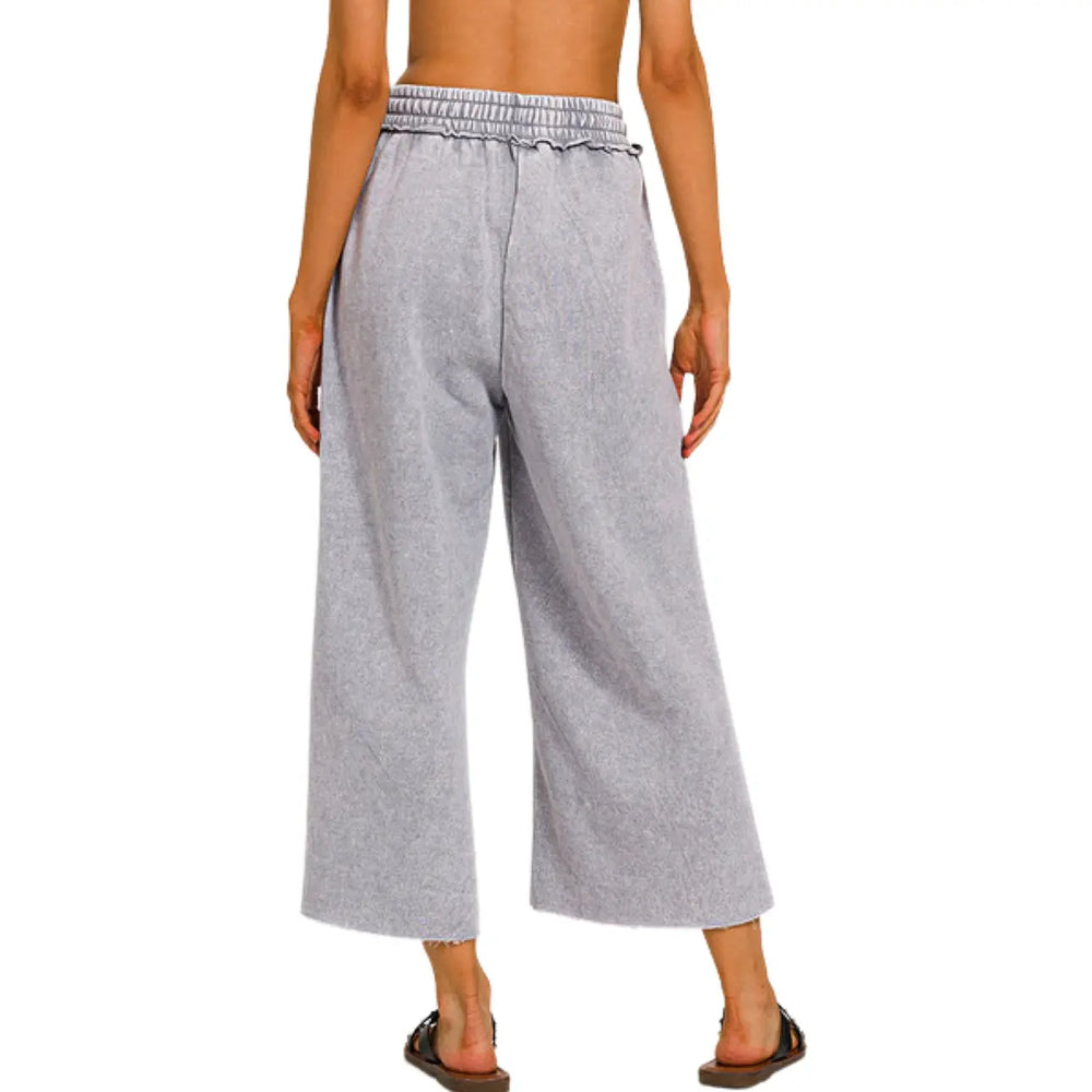 Acid Wash Fleece Wide Leg Palazzo Cropped Sweatpants