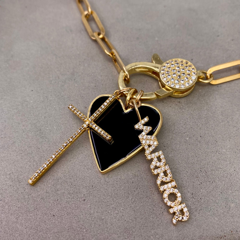 
                
                    Load image into Gallery viewer, 22&amp;quot; Gold Paperclip Chain Warrior &amp;amp; Black Heart Charm Necklace
                
            