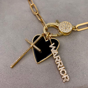 22" Gold Paperclip Chain Warrior & Black Heart Charm Necklace