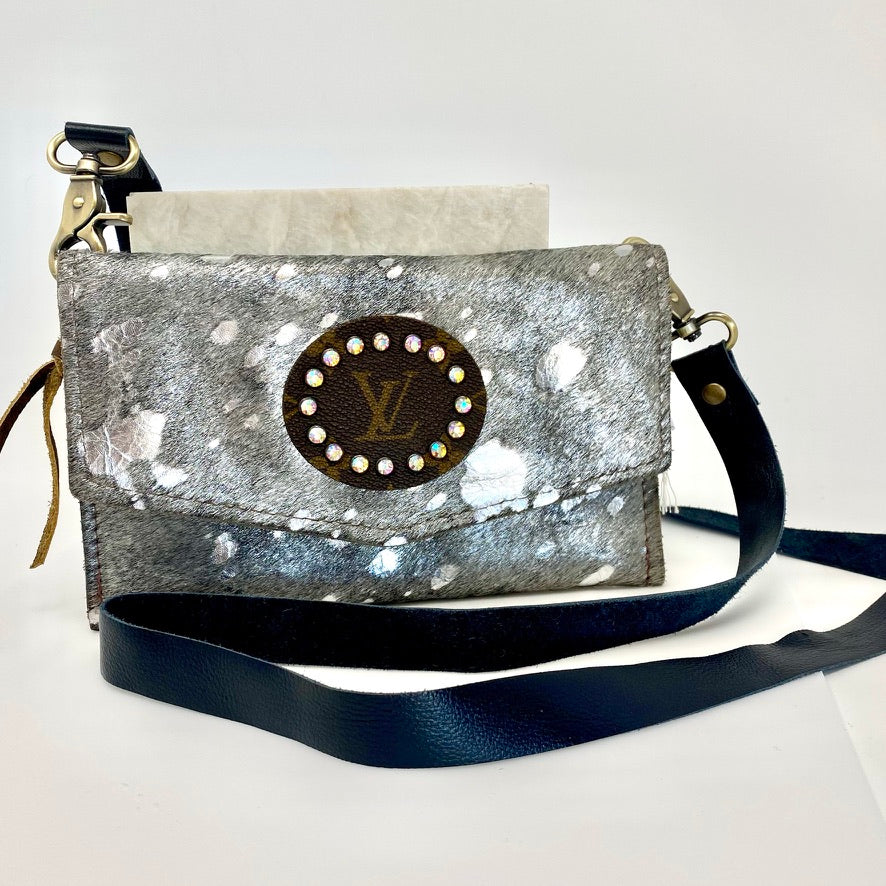 Silver Acid Wash Leather Hide Upcycled Crystal Embellished Genuine LV Patch 'Jordan Crossbody by Keep It Gypsy