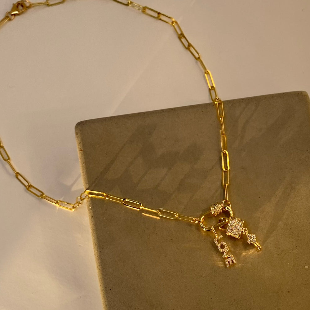 18" Gold Paperclip Chain ‘Love & Lock’ Charm Necklace